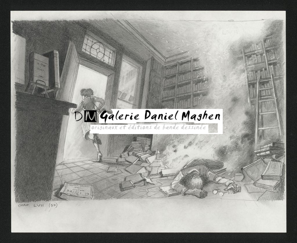 Le feu à la librairie, Illustration originale, chapitre 57, 2019 - Paul & Gaëtan Brizzi - Crayon de cire sur papier - 6374