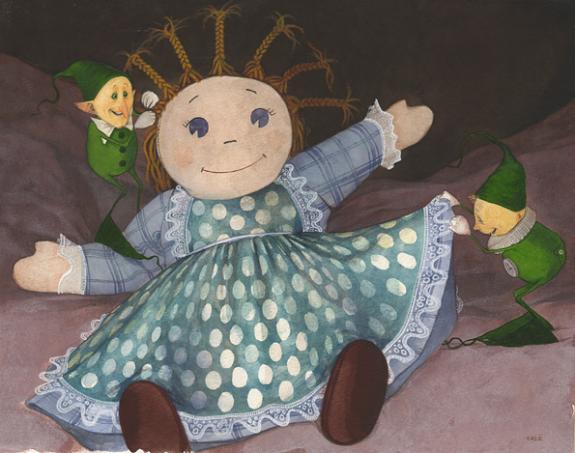 avec la poupée à robe verte à pois - Erlé Ferronnière - Encre de couleur sur papier - 47