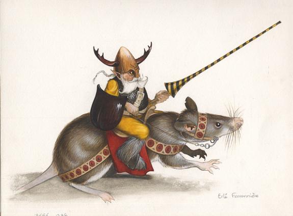 nain qui chevauche une souris - Erlé Ferronnière - Encre de couleur sur papier - 45
