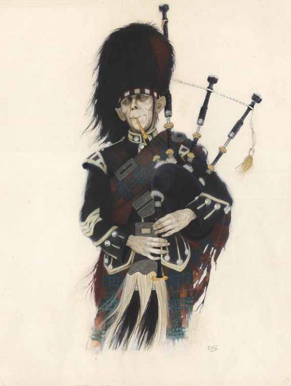 mort vivant écossais + cornemuse - Erlé Ferronnière - Encre de couleur sur papier - 44
