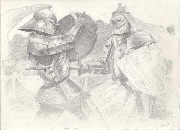 combat de chevaliers p64-65 - Armel Gaulme - Mine de plomb sur papier - 1647