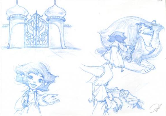 portail chateau et fille coifant crinière lion - Enrique Fernandez - 767