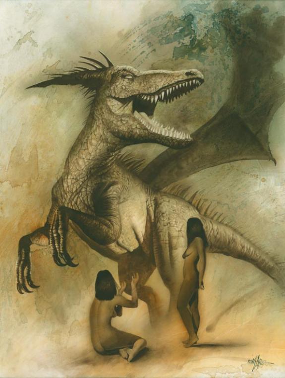 dragons et femmes de dos - Thierry Démarez - Huile - 2946