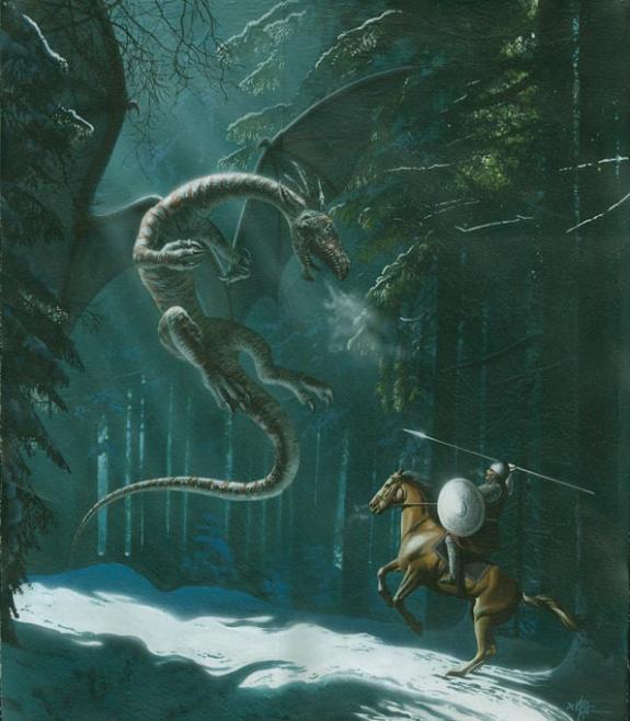 dragon et cavalier au scan - Thierry Démarez - Huile - 1361