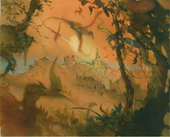 dragons chateau - Alexis Chabert - Encre de couleur sur papier - 1457