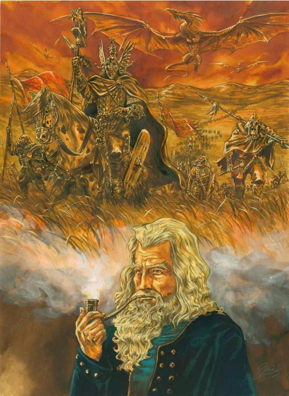 chevaliets et homme pipe - Gwendal Lemercier - Gouache et encre de Chine - 1460