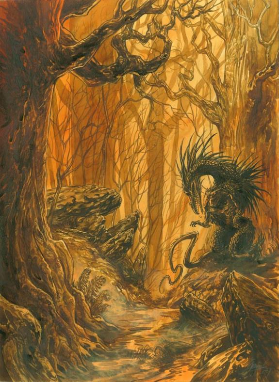 dragon orange dans forêt - Gwendal Lemercier - Gouache et encre de Chine - 1462