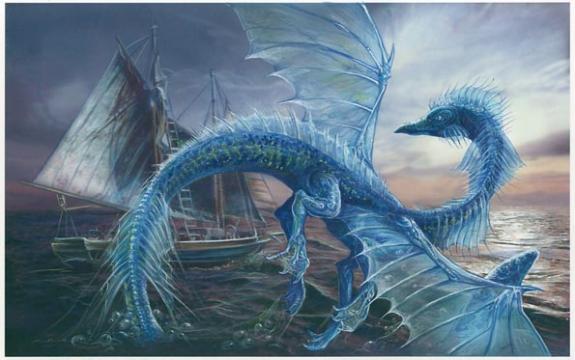 dragon bleu en mer couché de soleil - Séverine Pineaux - Acrylique - 1484