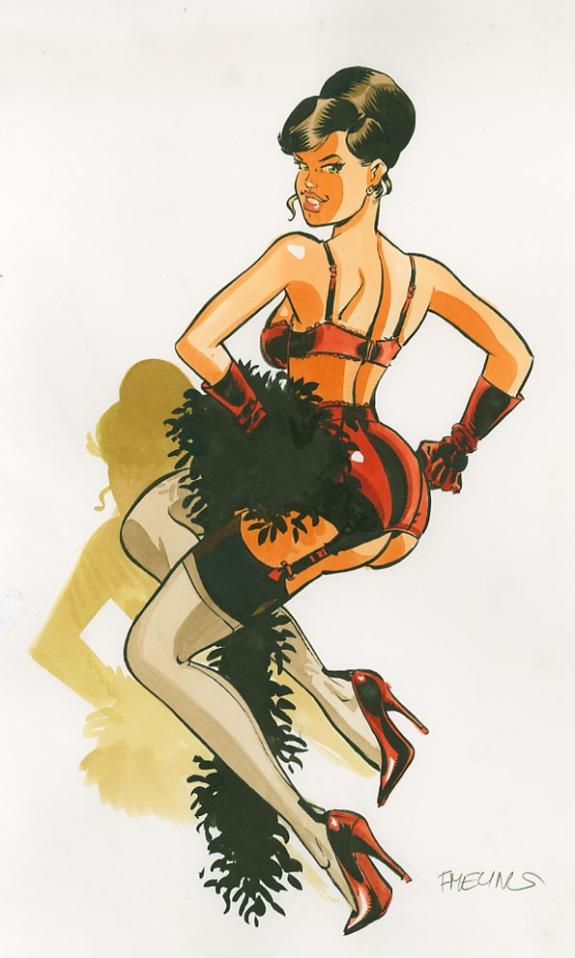 pin up brune en rouge (illu 3) - Félix Meynet - Encre de Chine et encre de couleur sur papier - 1555