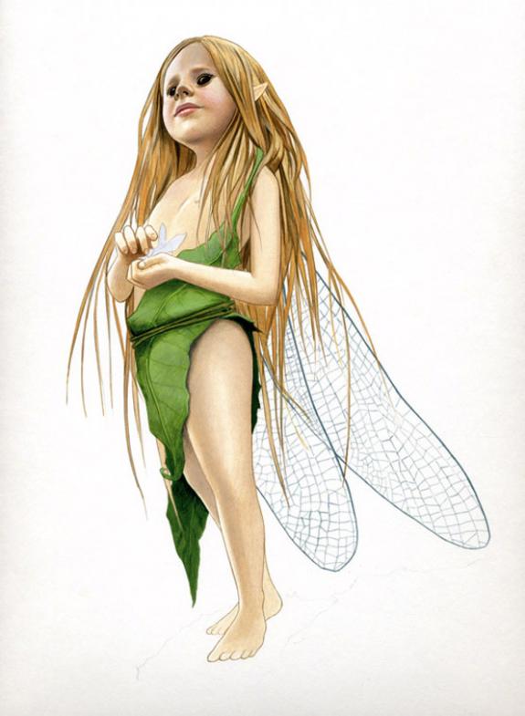 fée enfant blonde habillée d'une feuille avec fleur ds la main - Bruno Brucero - Acrylique - 1581