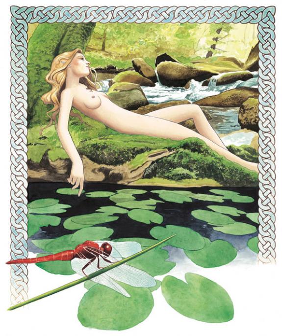 Illustration originale, elfe allongée au bord de l'eau - Bruno Brucero - Acrylique - 1584