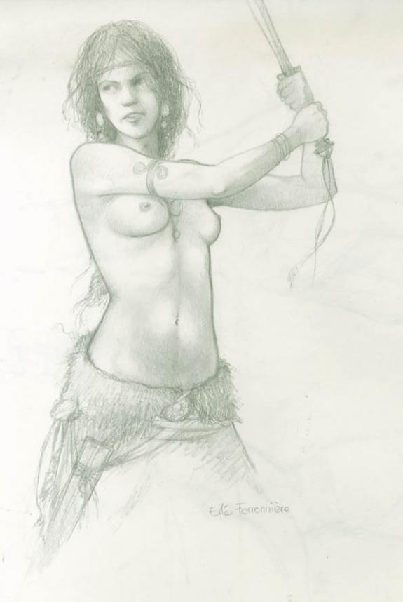 femme lève épée - Erlé Ferronnière - Mine de plomb sur papier - 1602