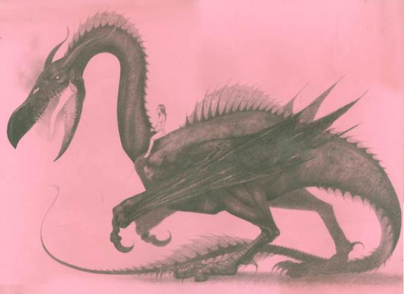 dragon et femme sur encolure (papier rose) - Erlé Ferronnière - Mine de plomb sur papier - 1603