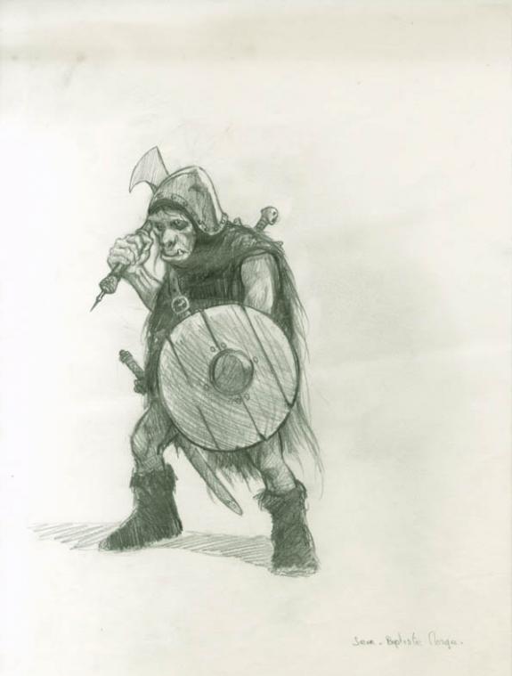 soldat orc avec hache, pliures au milieu - Jean-Baptiste Monge - Mine de plomb sur papier - 1796