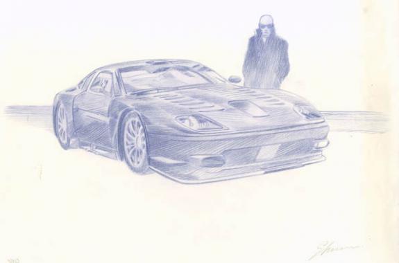 voiture +bad guy - Didier Eberoni - Crayon de couleur sur papier - 1811
