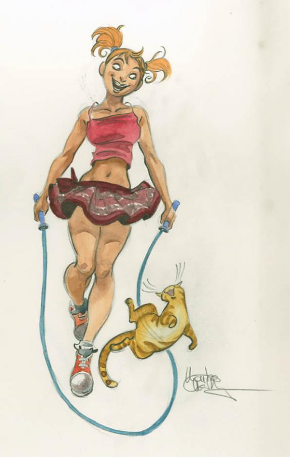 Saut à la corde - Montse Martin - Aquarelle et mine de plomb sur papier - 1746