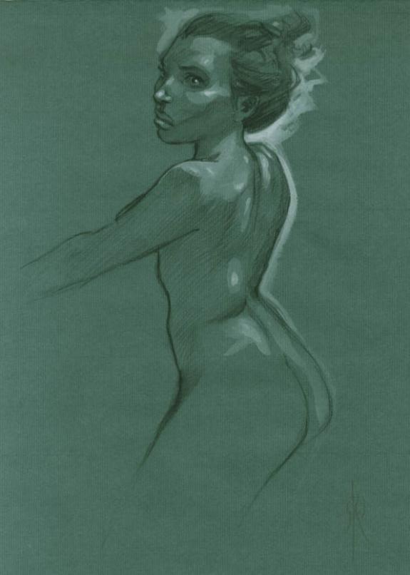 Nu de dos sur papier de couleur - Fabrice Meddour - Mine de plomb et lavis sur papier - 1772