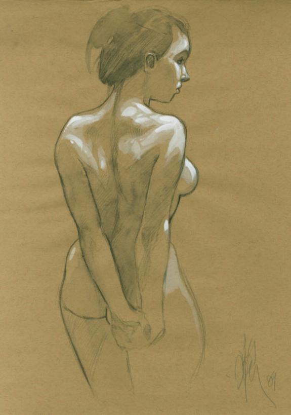 Nu bras en arrière sur papier de couleur - Fabrice Meddour - Mine de plomb et lavis sur papier - 1773