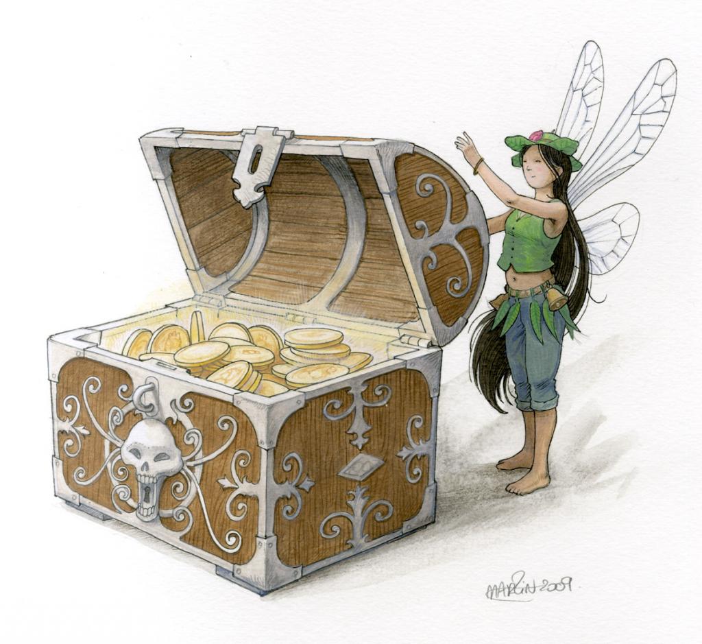 (fantastique) La Fée Clochette et le trésor des pirates - Martin Maniez - Encre de couleur et crayon de couleur sur papier - 2098