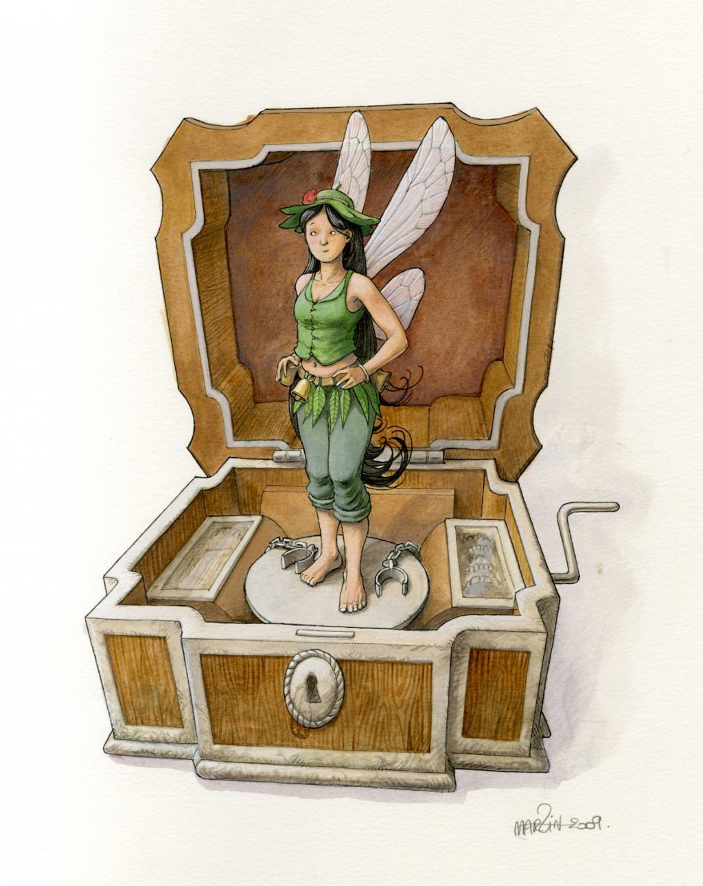 (fantastique) Fée Clochette, prisonnière de Crochet - Martin Maniez - Encre de couleur et mine de plomb sur papier - 2100