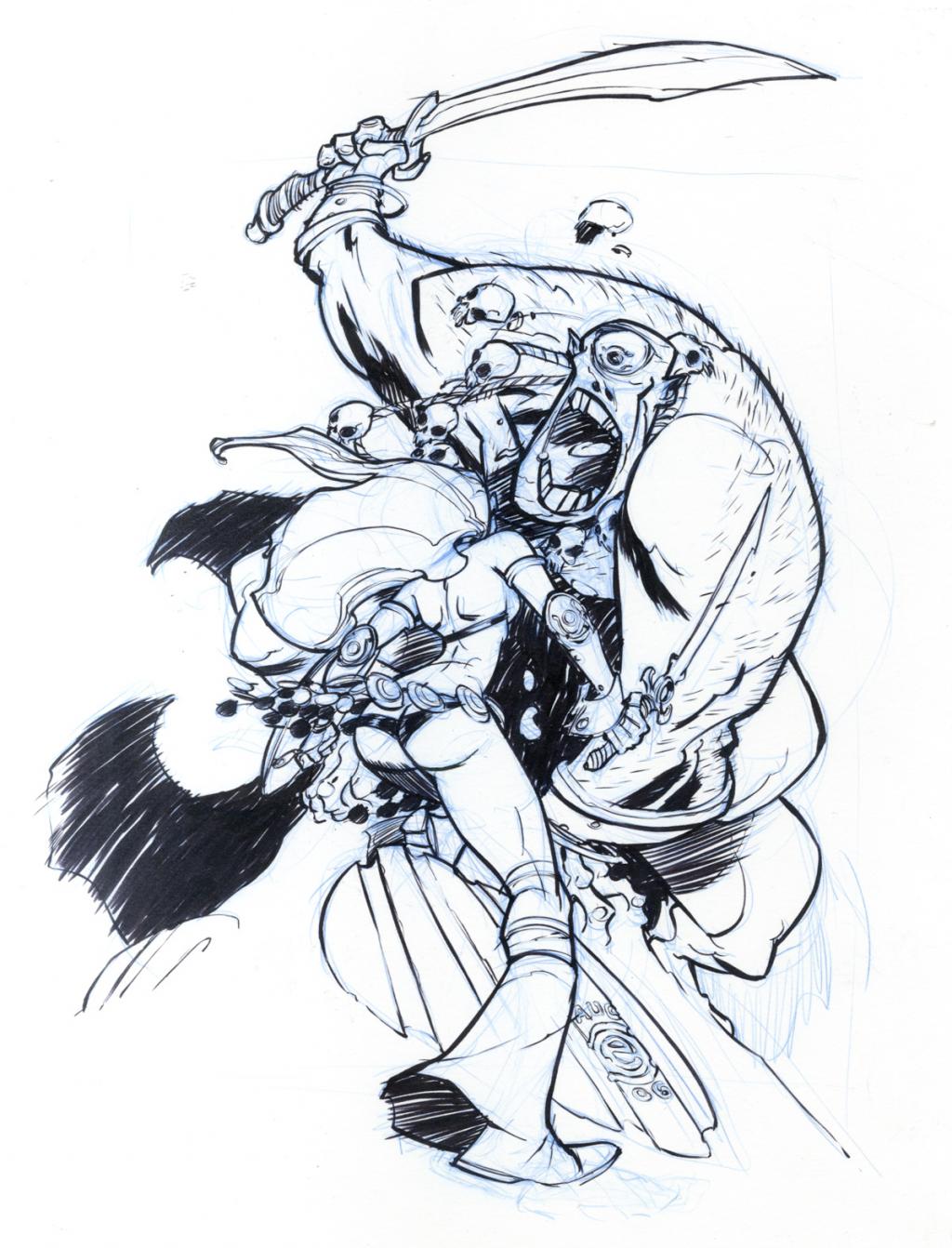 Red Sonja and Cyclope - Eric Canete - Feutre et crayon bleu - 2127