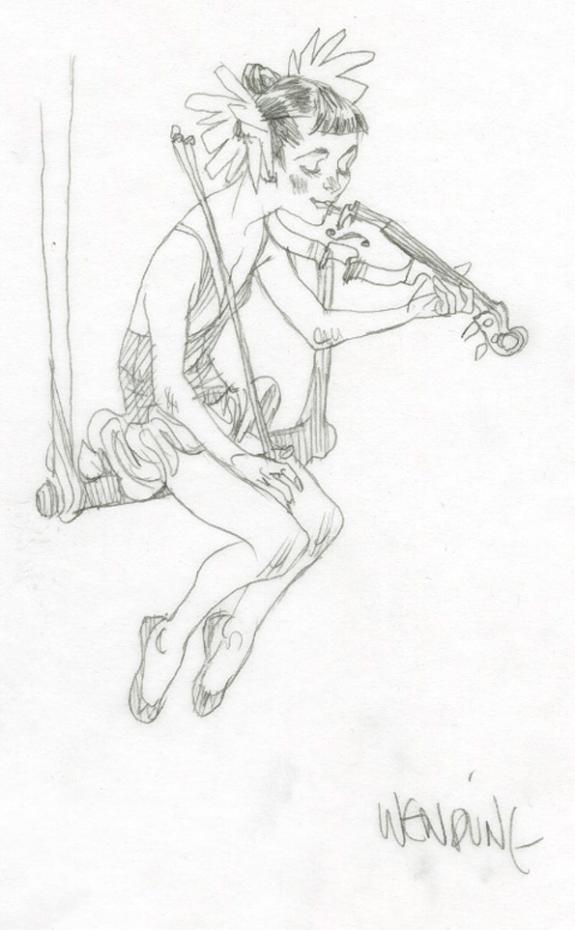Petite fille au violon assise sur balançoire sur calque - Claire Wendling - Mine de plomb sur papier - 2996