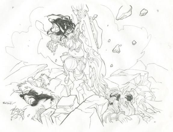 Bataille sur calque et sur papier fin - Illustration pour World of Warcraft - Claire Wendling - Encre de Chine - 2995
