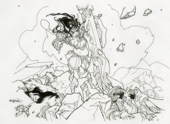 Bataille sur calque et sur papier fin - Illustration pour World of Warcraft - Claire Wendling - Encre de Chine - 2995