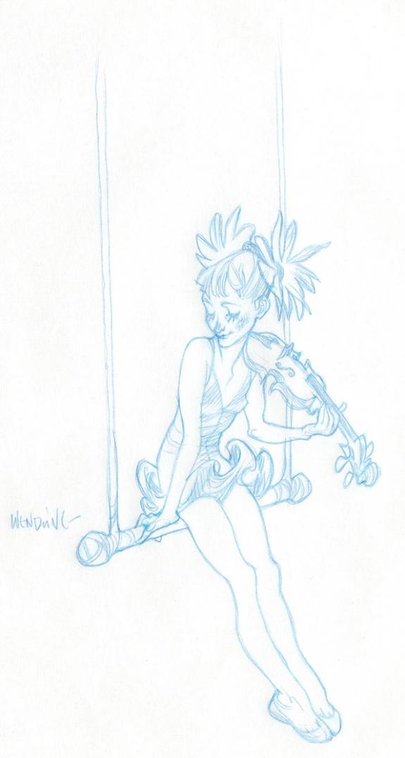 Fille au violon sur balançoire sur papier fin - pliure sur le coin haut gauche - Claire Wendling - Crayon de couleur sur papier - 2994