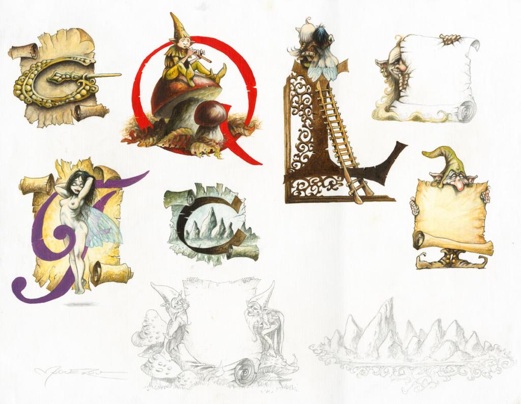 Lettrines couleurs G O L F C + divers - Pascal Moguérou - Encre de couleur et mine de plomb sur papier - 2286