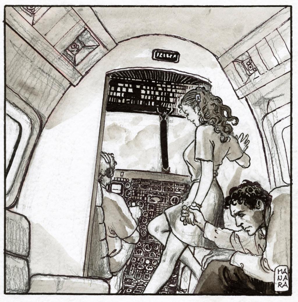 Dans l'avion - Milo Manara - Mine plomb, feutre et lavis - 2332