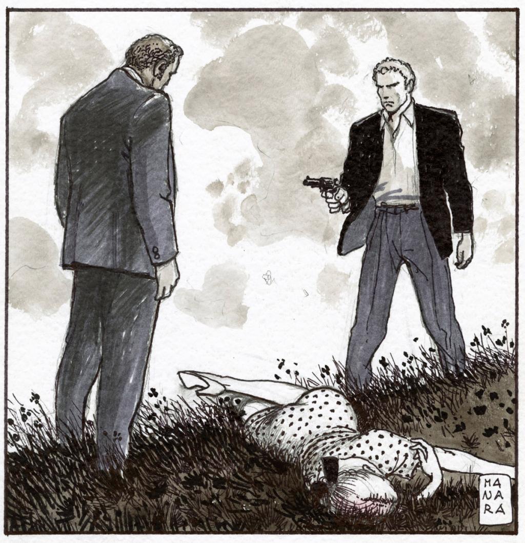 2 hommes 1 femme morte - Milo Manara - Mine plomb, feutre et lavis - 2334