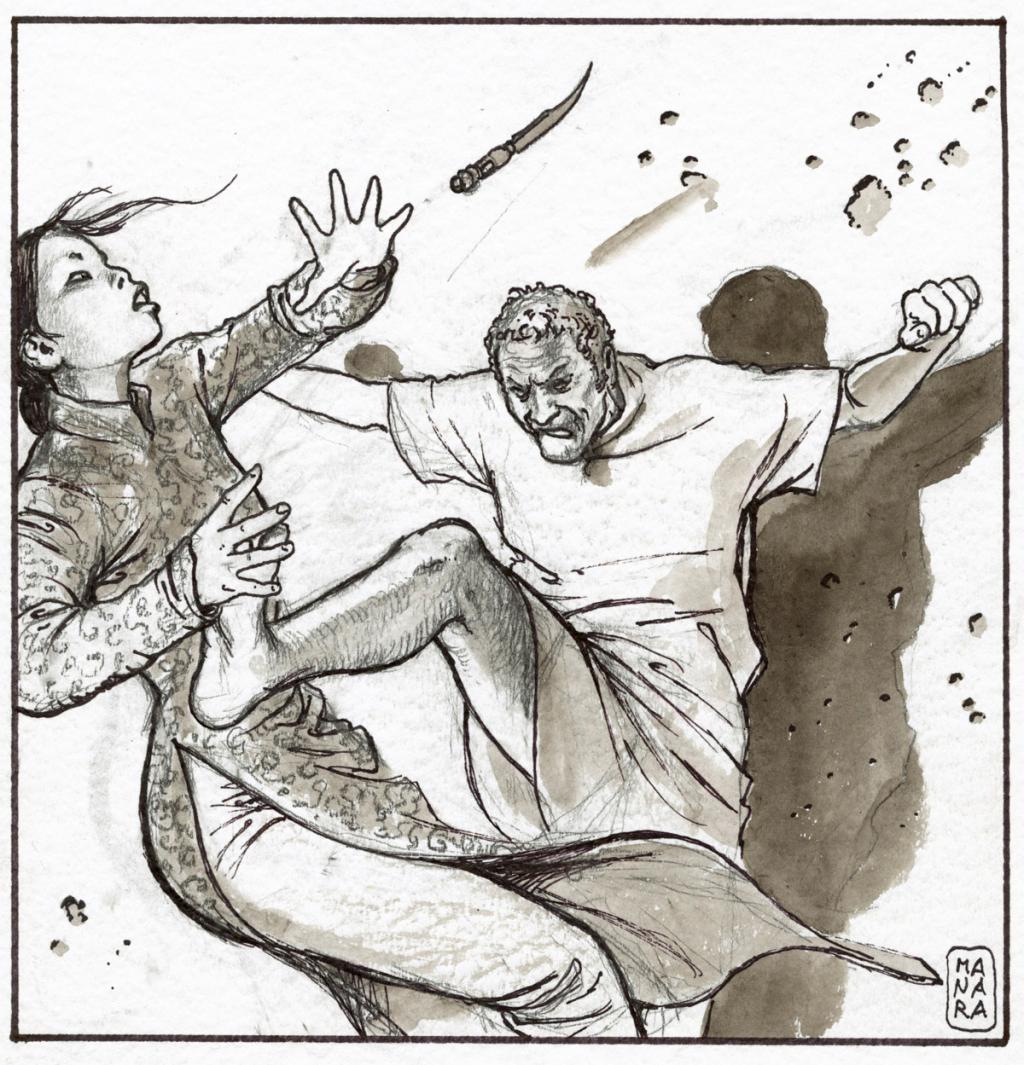 Bagarre avec chinoise au couteau - Milo Manara - Mine plomb, feutre et lavis - 2336
