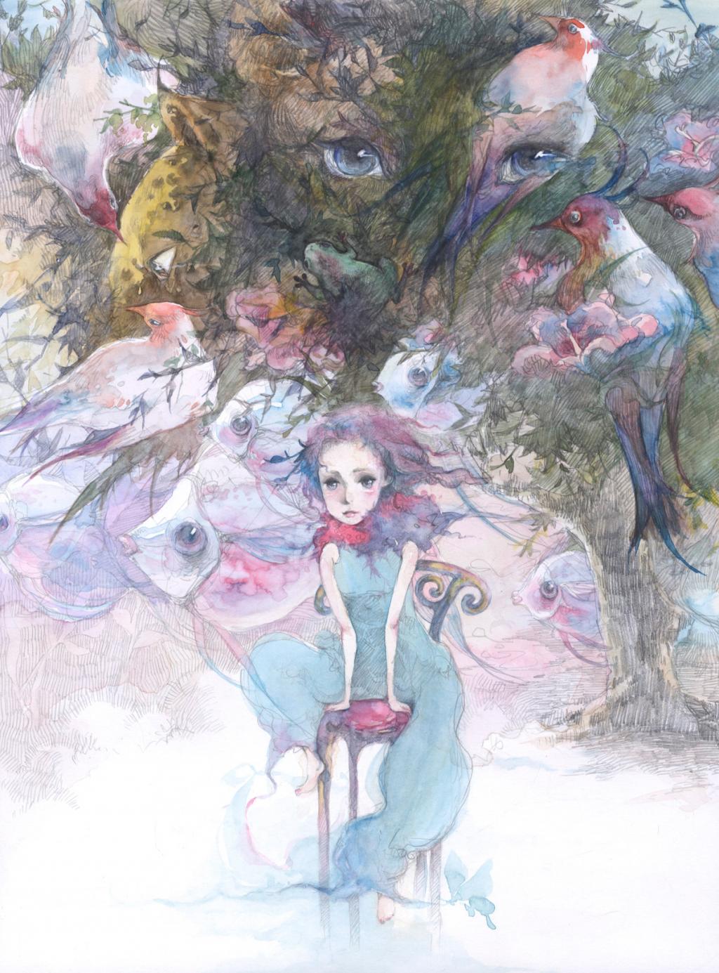 Illustration originale - filles aux poissons - Mimi - Aquarelle et mine de plomb sur papier - 2431