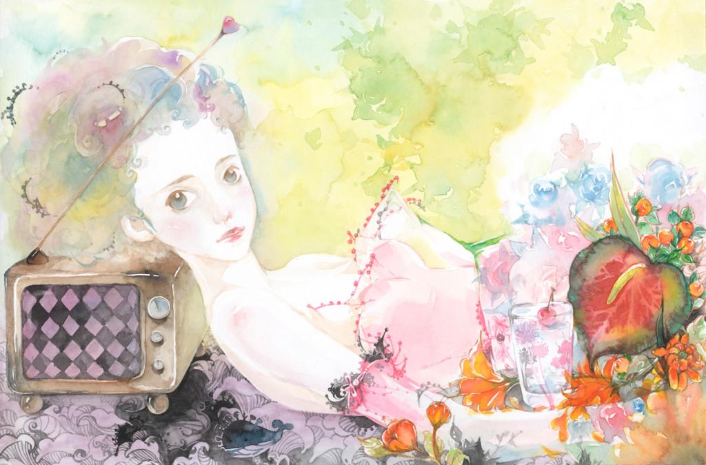 Illustration originale - filles allongée - Mimi - Aquarelle sur papier - 2432