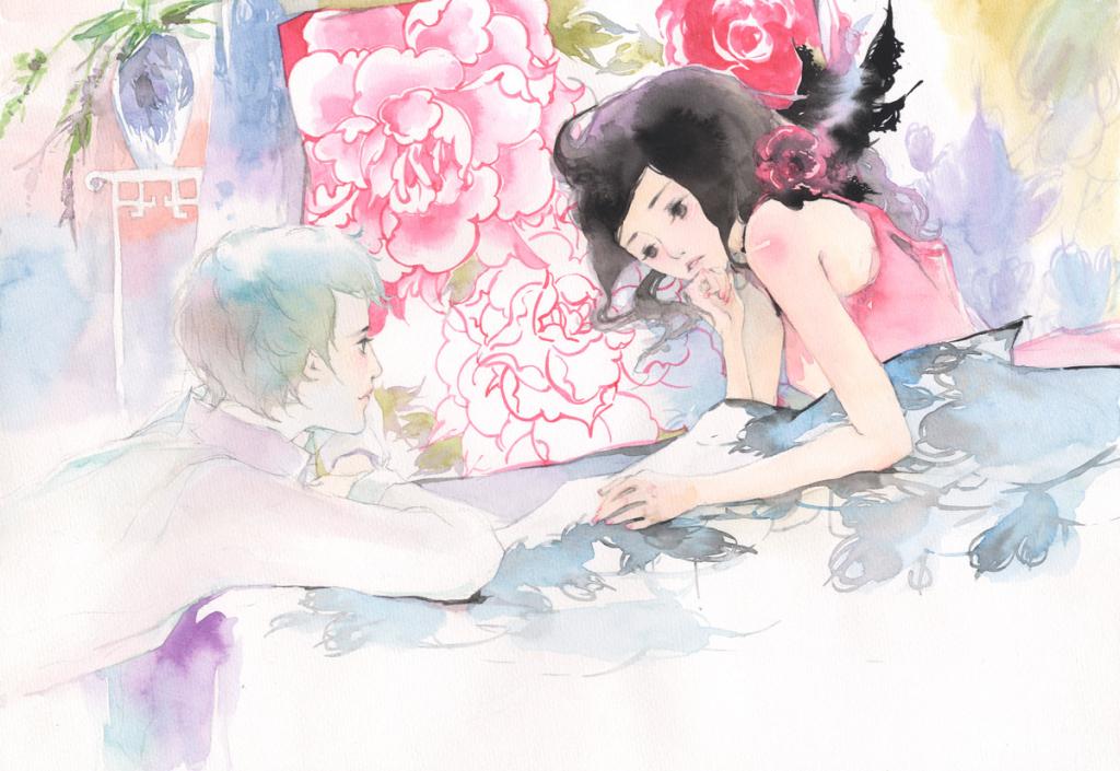 Illustration originale - Discussion entre filles - Mimi - Aquarelle et mine de plomb sur papier - 2433