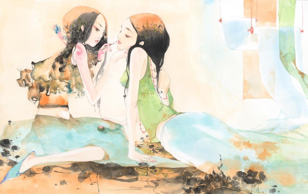 Illustration originale - Scène de maquillage - Mimi - Aquarelle et mine de plomb sur papier - 2435