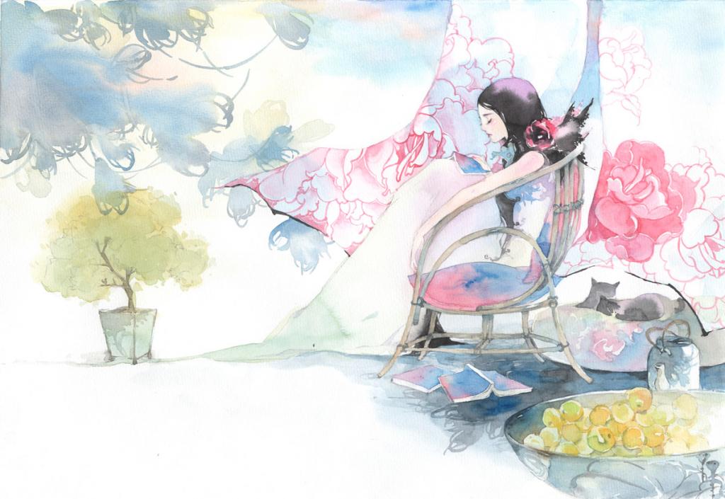 Illustration originale - Fille sur patio - Mimi - Aquarelle et mine de plomb sur papier - 2436