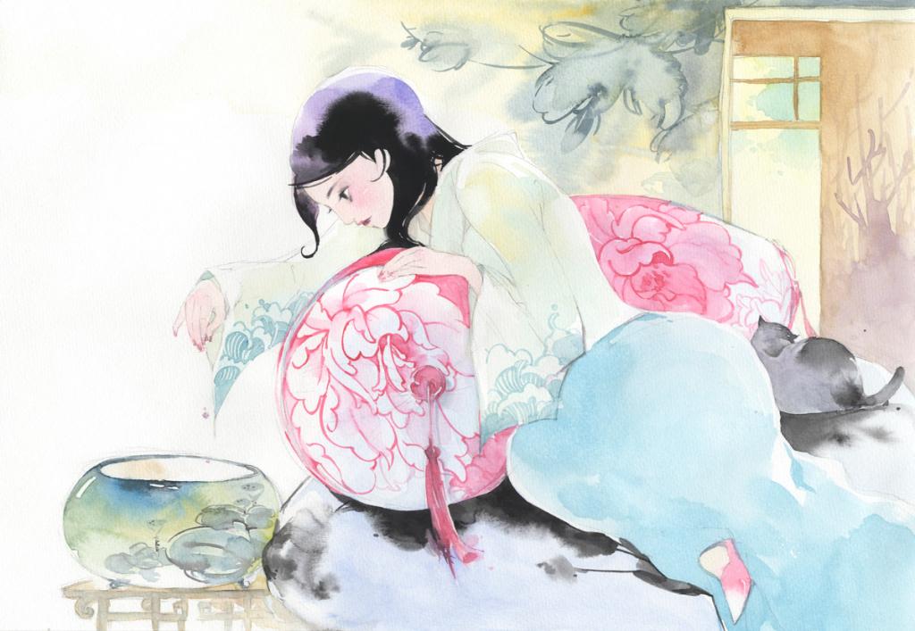 Illustration originale - Fille au chat - Mimi - Aquarelle et mine de plomb sur papier - 2437