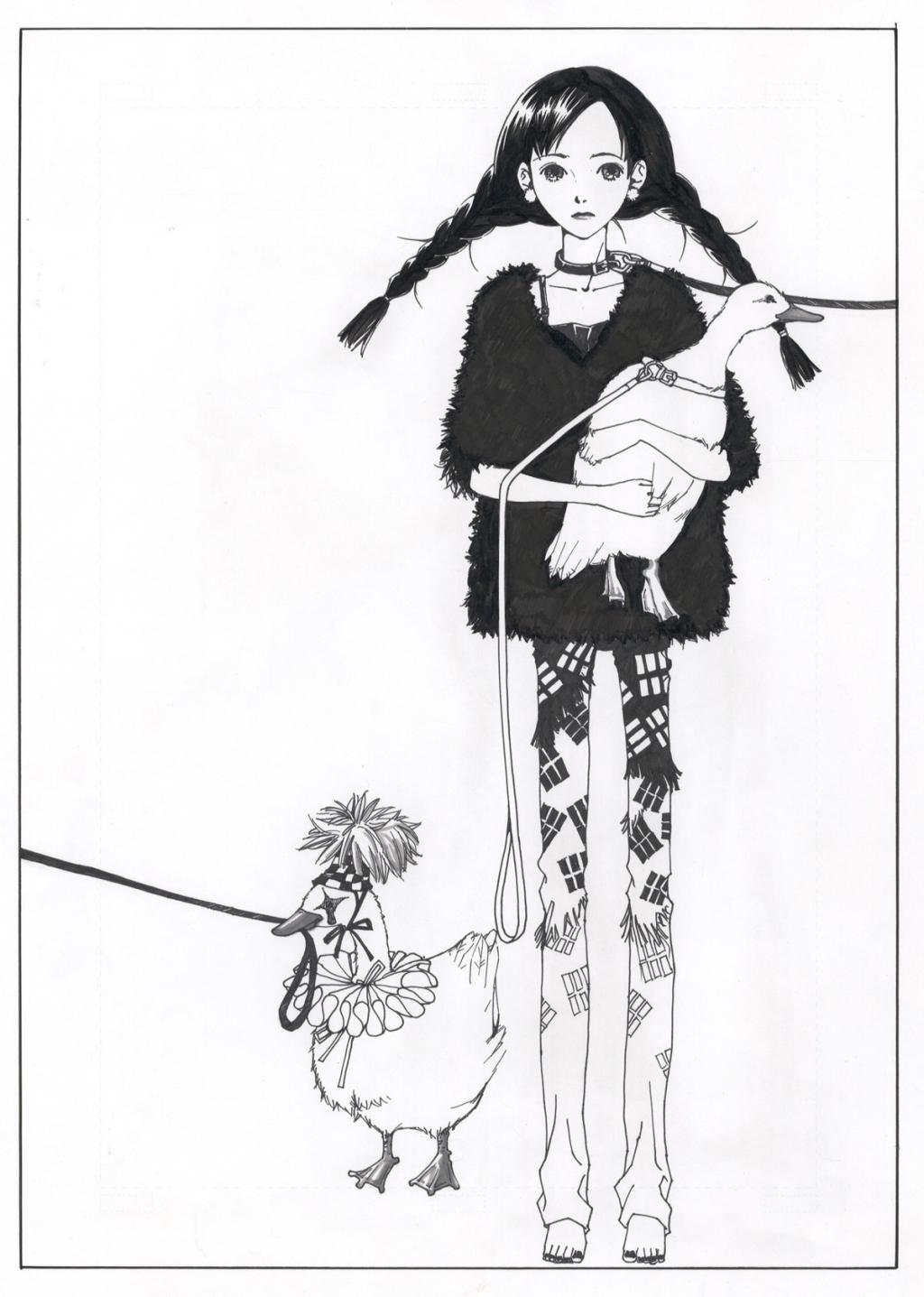 Illustration originale - Fille aux canards - Mimi - Encre de Chine - 2439