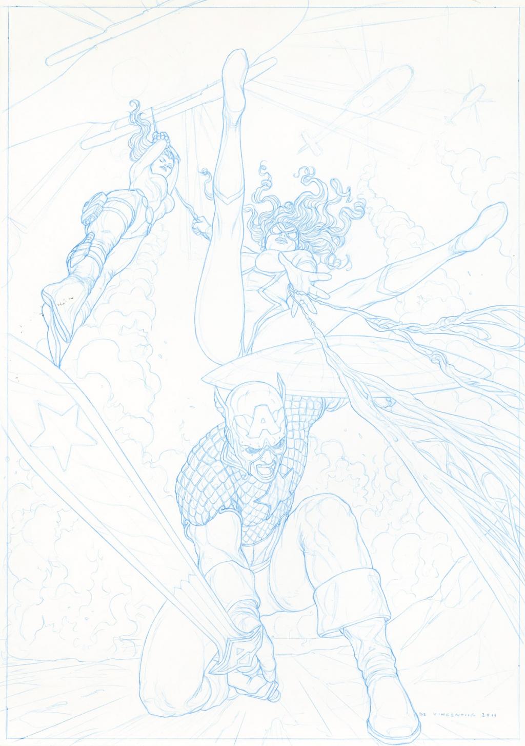 Illustration originale - essai Captain America - Adriano De Vincentiis - Crayon de couleur sur papier - 2408