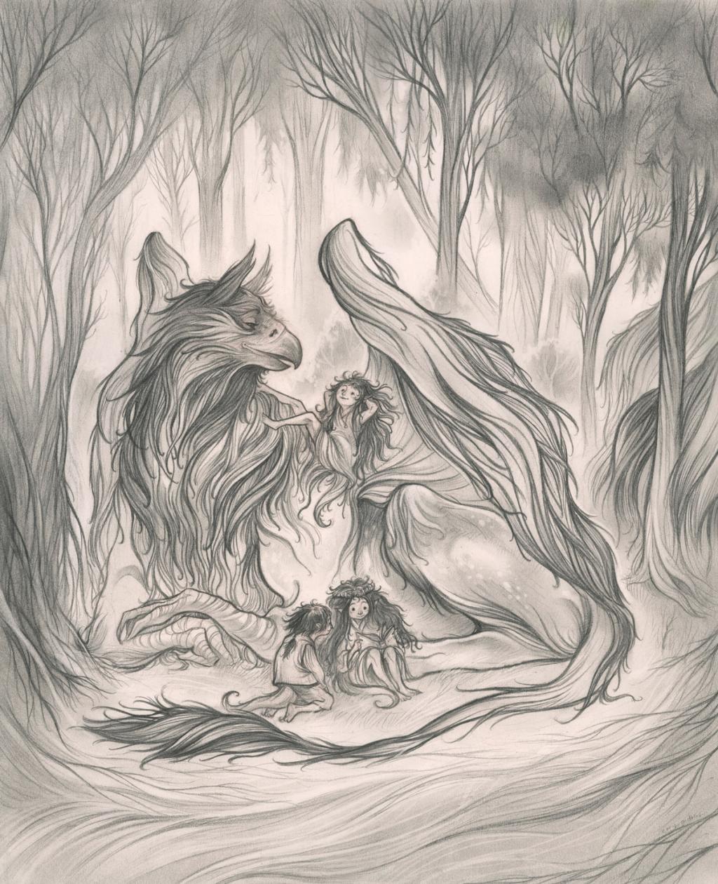 Griffon et enfants - Cory Godbey - Mine de plomb sur papier - 2591