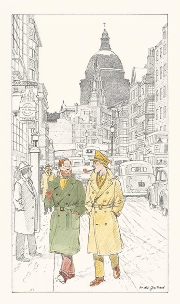 Rehaut Londres", impression pigmentaire sur papier Hahnemuhle Bamboo, réalisé à partir d'un dessin original d'André Juillard et réhaussé à la main aux crayons de couleur par l'auteur. 
Tirage limité à quinze exemplaires numérotés de 1/15 à 15/15 - André Juillard - 2570