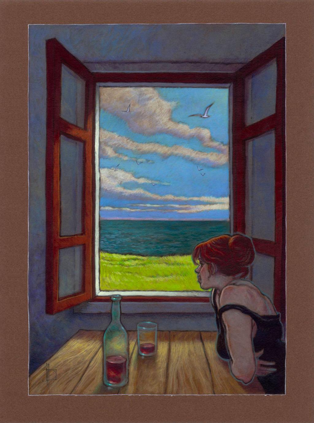 Illustration originale, Sara à la fenêtre. 2011 - Miguelanxo Prado - Acrylique sur papier teinté - 3773