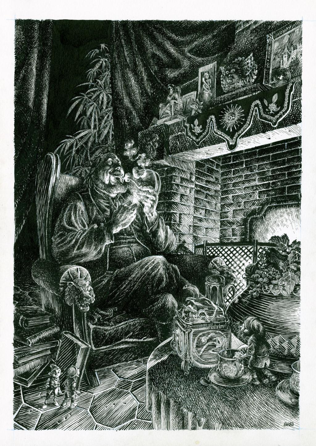 Planche originale noir et blanc : Pierre Dubois devant sa cheminée - Etienne Leroux - Encre de Chine - 2716