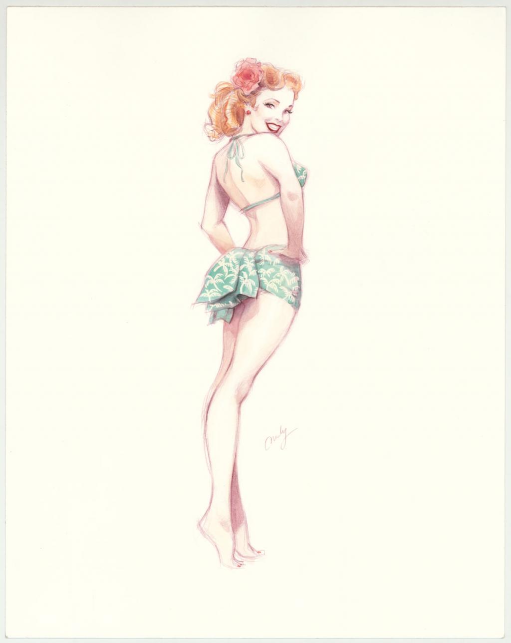 Illustration originale intitulée "I love my new bikini - Maly Siri - Crayon brun et aquarelle  - 3156
