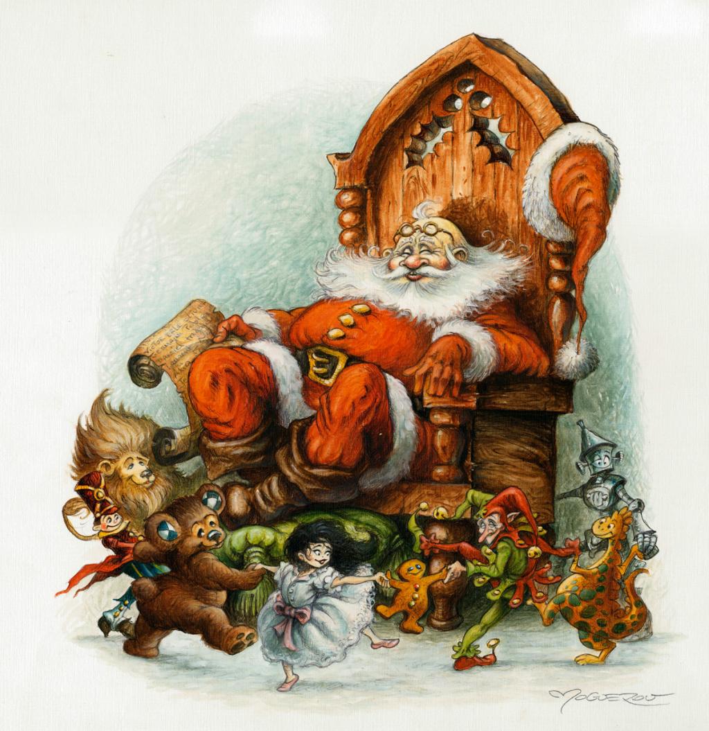 Illustration originale - Santa et la ronde des jouets - Pascal Moguérou - Stylo, gouache et encre de couleur - 2808