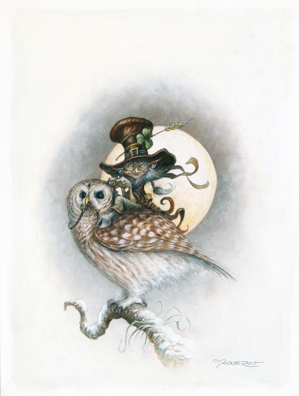 Illustration originale - Lutin sur la Chouette - Pascal Moguérou - Gouache et encre de couleur sur papier - 2816
