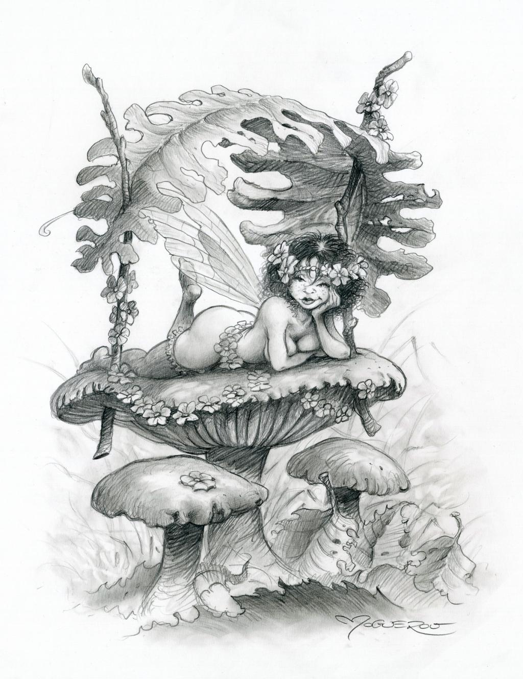 Illustration originale - Fée à l'Ombrelle - Pascal Moguérou - Mine de plomb sur papier - 2817