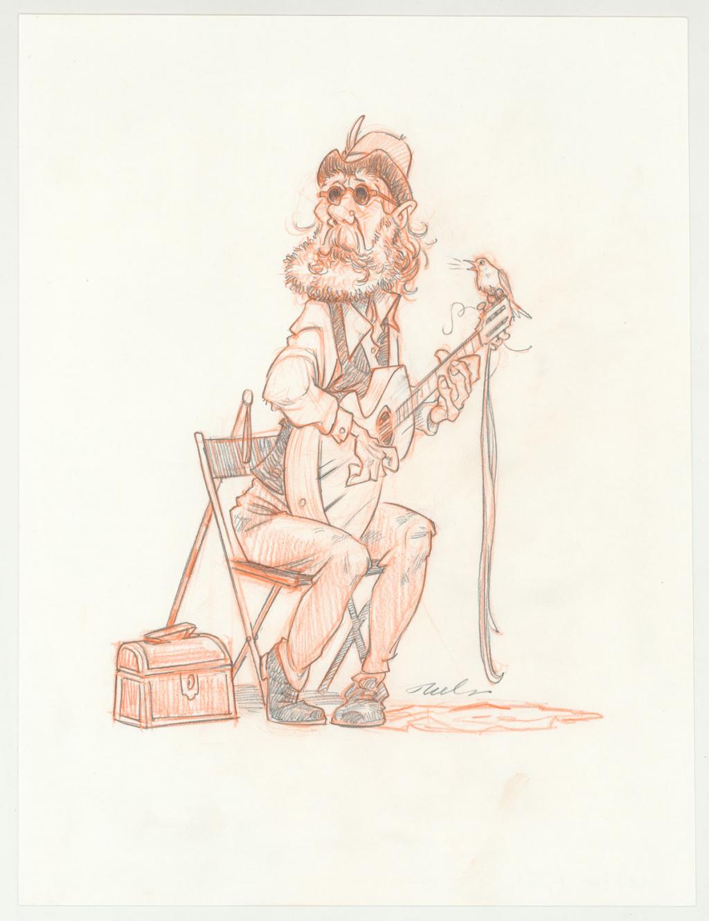 illustration originale intitulée "guitariste - Wouter Tulp - Mine de plomb et crayon de couleur - 3077